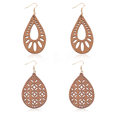 2 Pairs 2 Style Natural Wood Hollow Out Teardrop Dangle Earrings EJEW-AN0001-54-1