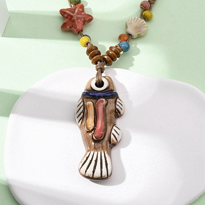 Ceramic Fish Pendant Adjustable Waxed Cord Necklaces for Women NJEW-B146-03-1