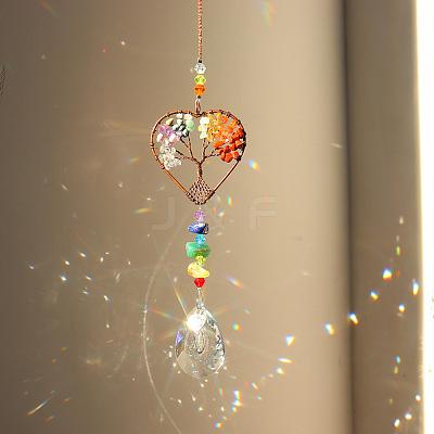 1Pc Natural Mixed Stone Chip Wrapped Heart with Tree of Life Hanging Ornaments HJEW-DJ0001-15A-1