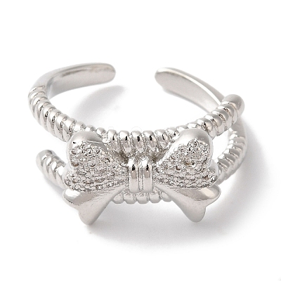 Bowknot Brass Micro Pave Clear Cubic Zirconia Open Cuff Rings for Women RJEW-C098-02P-1