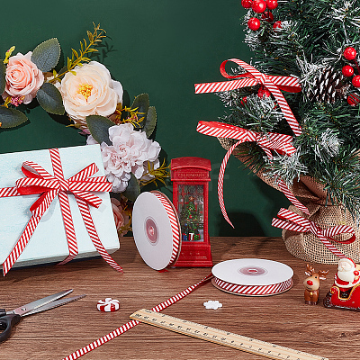 25 Yards Christmas Striped Polyester Grosgrain Ribbon OCOR-WH0090-96-1