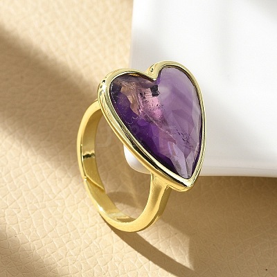 Heart Brass Natural Amethyst Finger Rings RJEW-D304-01G-A-1