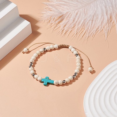 Synthetic Magnesite Braided Bead Bracelet with Synthetic Turquoise(Dyed) Cross BJEW-TA00146-01-1