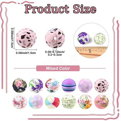 36Pcs 6 Styles Round Food Grade Eco-Friendly Silicone Focal Beads SIL-YW0002-33A-1