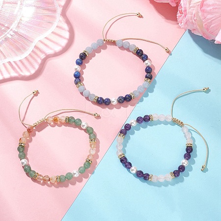 3Pcs Natural Mixed Gemstone & Shell Pearl Round Beaded Braided Bead Bracelets BJEW-JB13392-1