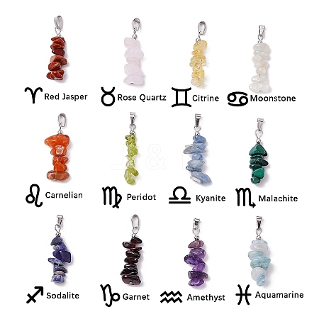 12Pcs 12 Style 12 Constellation Mixed Gemstone Pendants PALLOY-JF02816-1