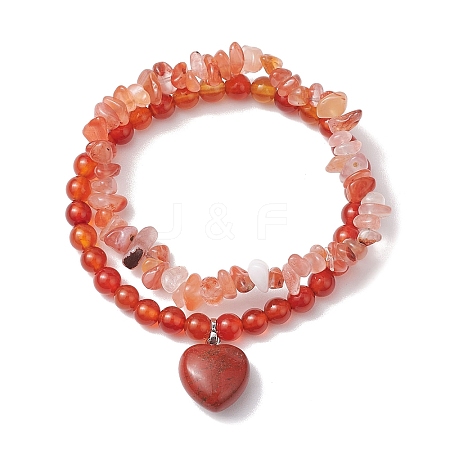 2pcs 2 Styles 6mm Round & Chip Natural Red Agate Beaded Stretch Bracelet Sets BJEW-TA00517-01-1