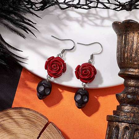 Halloween Synthetic Coral Red Flower & Synthetic Turquoise Black Skull Dangle Earrings EJEW-JE06069-S-1