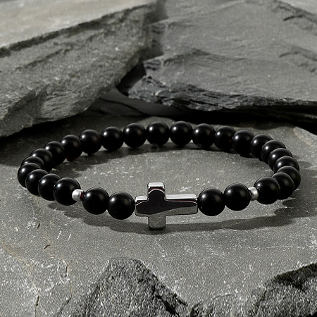 Frosted Round Natural Black Onyx(Dyed & Heated) Round Beaded Stretch Bracelets RK1908-1