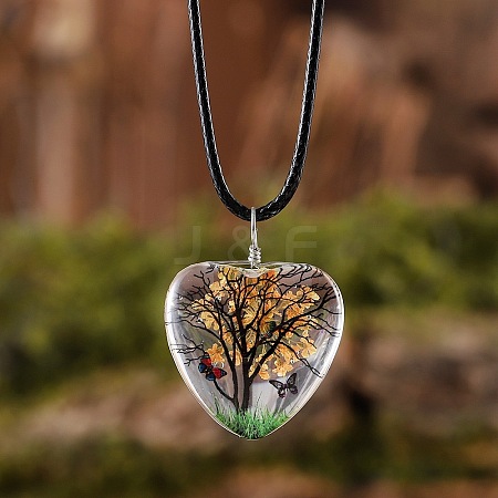 Heart Glass with Dried Flower Tree Inner Pendant Black Waxed Cord Necklaces FS-WG87A6D-05-1