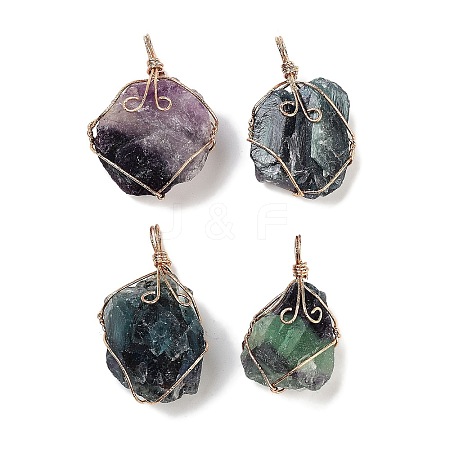 Raw Rough Natural Fluorite Copper Wire Wrapped Big Pendants G-B077-01G-04-1