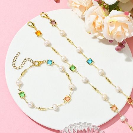 Brass & Glass & Natural Cultured Freshwater Pearl Link Bracelets for Women BJEW-JB14104-1