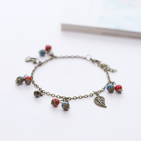 Vintage Alloy Bell Leaf and Porcelain Rondelle Beads Tassel Anklets for Women FS-WG4AD9F-01-1