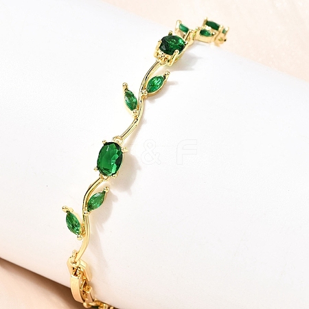 Leaf Brass Micro Pave Cubic Zirconia Link Chain Bracelets for Women BJEW-D455-01G-06-1