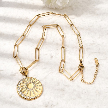 304 Stainless Steel Crystal Rhinestone Sun Pendant Paperclip Chain Necklaces for Women NJEW-G199-03G-1