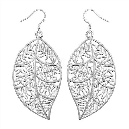 Silver Color Plated Brass Leaf Dangle Earrings EJEW-BB11852-1