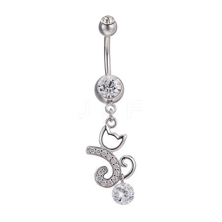 Real Platinum Plated Brass Rhinestone Kitten Navel Ring Belly Rings AJEW-EE0001-81A-1