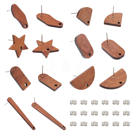 Olycraft 14 Pairs 7 Style Walnut Wood Stud Earring Findings MAK-OC0002-02-1