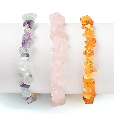 Chips Natural Amber & Fluorite & Rose Quartz Beaded Stretch Bracelets Sets X-BJEW-JB05332-02-1