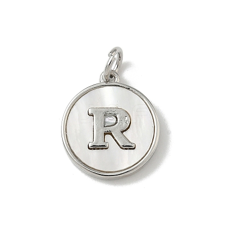 Brass Pave Natural Shell Flat Round with Letter Charms KK-Z115-13P-R-1