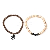 2Pcs Natural Black Agate & Coconut & Shell Beads Stretch Bracelets BJEW-JB12673-1