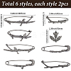 12Pcs 6 Styles Branch/Leaf Zinc Alloy Kilt Pins JEWB-SC0001-58-2