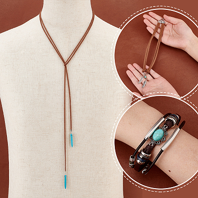 Imitation Leather Oval & Teardrop Finger Rings & Multi-strand Bracelet & Dangle Earrings & Lariat Necklace with Synthetic Turquoise SJEW-PH0001-12-1