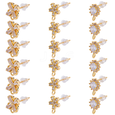 18Pcs 3 Styles Brass Pave Clear Cubic Zirconia Stud Earring Findings KK-BBC0023-14-1