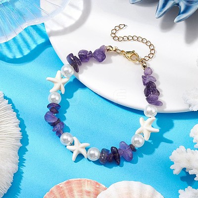 Starfish Synthetic Turquoise & Natural Mixed Gemstone Chip Beaded Bracelets for Women BJEW-JB11264-1