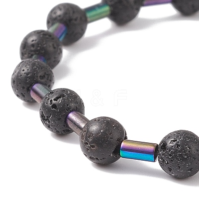 Natural Lava Rock Round & Glass Column Beaded Stretch Bracelet BJEW-JB08623-1