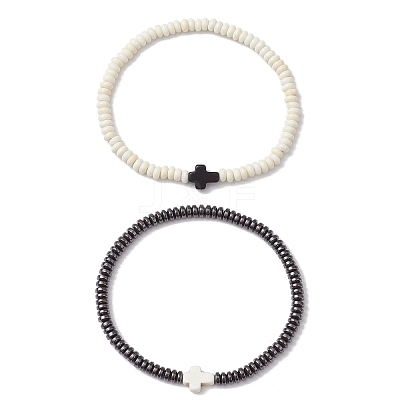 2Pcs Synthetic Hematite & Turquoise Beads Stretch Bracelets for Women Men BJEW-JB11291-1