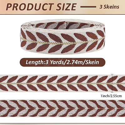 3Skeins Polyester Leaf Jacquard Ribbons SRIB-CY0001-20A-1