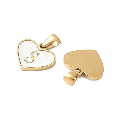 304 Stainless Steel Pave Natural White Shell Heart with Initial Slice Pendants STAS-R168-25G-S-1