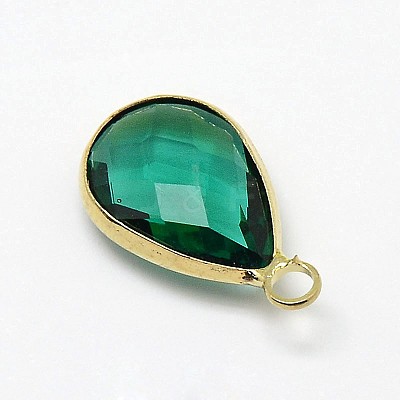 Golden Tone Brass Glass Teardrop Pendants GLAA-J017A-G-1
