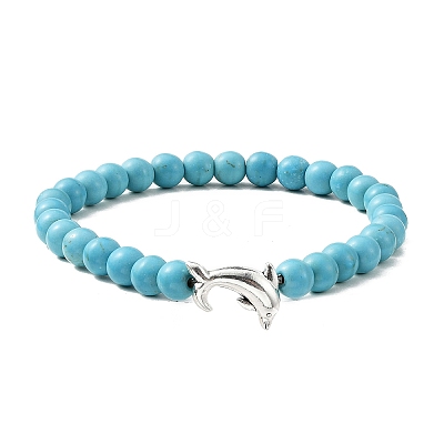 2Pcs 2 Color Tibetan Style Alloy Dolphin & Synthetic Turquoise Round Beaded Stretch Bracelets Set BJEW-JB09895-1