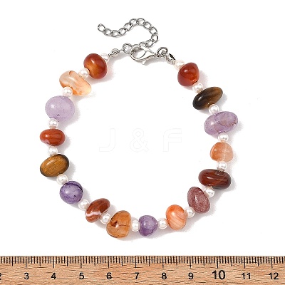 Natural Mixed Gemstone Nuggets & Shell Pearl Round Beaded Bracelets for Women BJEW-JB13956-1
