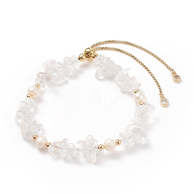 Natural Quartz Crystal Chips & Pearl Beaded Slider Bracelet BJEW-JB08334-05-1