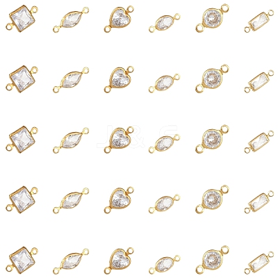 60Pcs 6 Styles Brass Clear Cubic Zirconia Connector Charms KK-YW0003-62-1