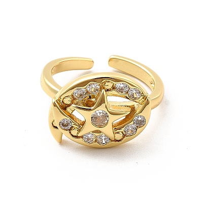 Clear Cubic Zirconia Moon & Star Open Cuff Ring RJEW-C055-03G-1