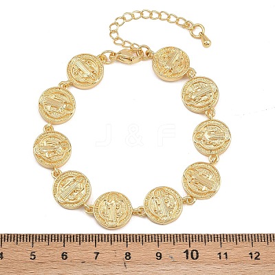 Flat Round with Saint Benedict Brass Link Chain for Women BJEW-K248-06A-G-1