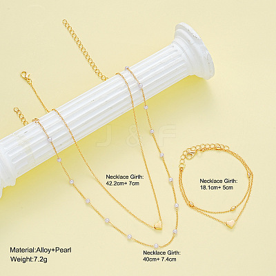 Heart Alloy & Plastic Imitation Pearls Round Beaded Necklaces & Double Layer Bracelets Sets FS-WGC2DB5-01-1