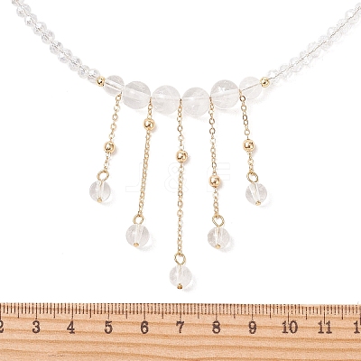 Round Natural Quartz Crystal & Glass Graduated Beaded Tassel Necklaces with Brass Cable Chains for Women NJEW-TA00236-1