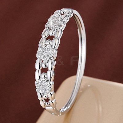 Brass Micro Pave Clear Cubic Zirconia Flower Open Hinged Cuff Bangles for Women WG289CD-02-1