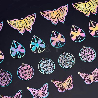 32Pcs 4 Style Ion Plating(IP) 201 Stainless Steel Filigree Pendants STAS-NB0001-20-1