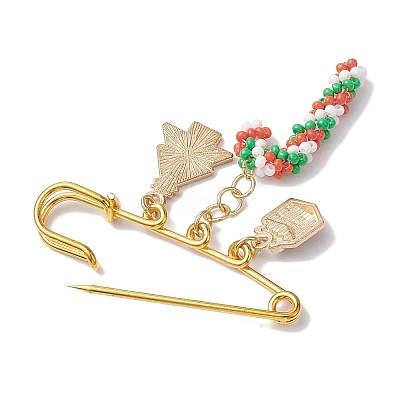 Candy Cane & Christmas Tree & Gift Glass Seed Beads & Alloy Enamel Pendant Kilt Pins JEWB-MZ00003-1