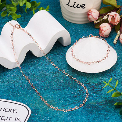 1 Set Brass Heart Link Chain Bracelets & Necklace SJEW-TA0001-04-1