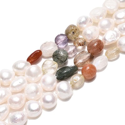 Natural Mixed Gemstone Nuggets & Natural Cultured Freshwater Pearl Beads Strands PEAR-N023-01A-12-1