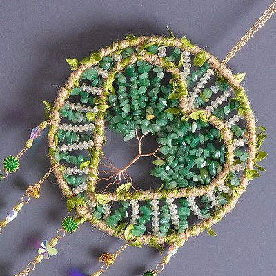 Heart Natural Gemstone Chips Hanging Suncatchers RN-CBA387D-04G-02-1