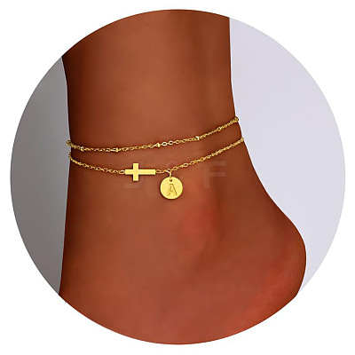 Brass Sideways Cross Link Anklets with Flat Round Initial Charms FS-WG12DAA-01-1