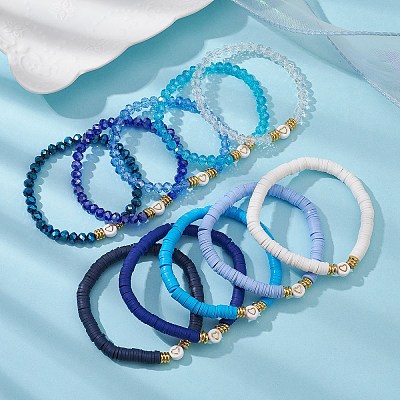 10Pcs Polymer Clay Disc & Glass & Brass Beaded Stretch Bracelets Set BJEW-JB09676-01-1